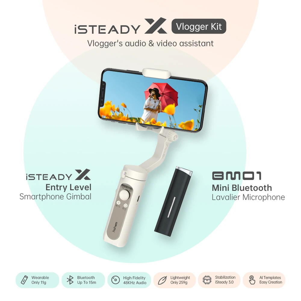 

Hohem iSteady X Vlogger Kit Wireless Lavalier Microphone Gimbal 3-Axis Handheld Stabilizer for Smartphone