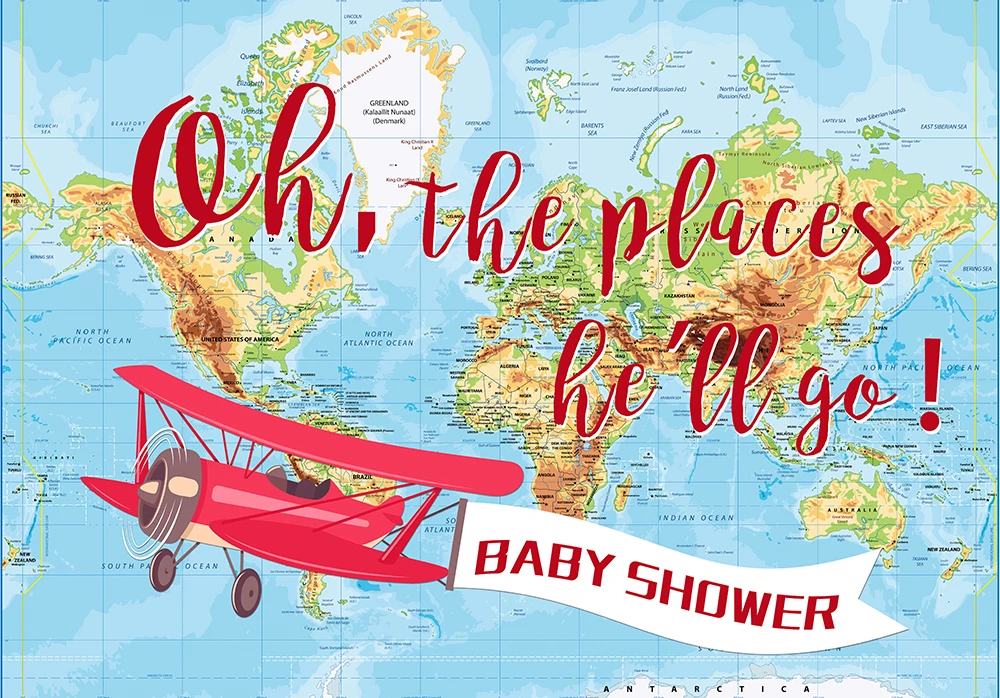 Adventure Theme Baby Shower Backdrop The Places he'll Go Airplane Birthday Party Vintage World Map Background Banner Decorations |