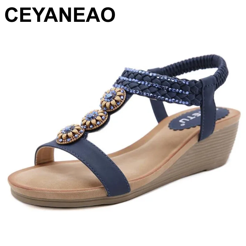 

CEYANEAO2021 New Women's Shoes Bohemia Beach Holiday Wooden Bead Diamond Slope Heel Elastic Band Large Size Sandals