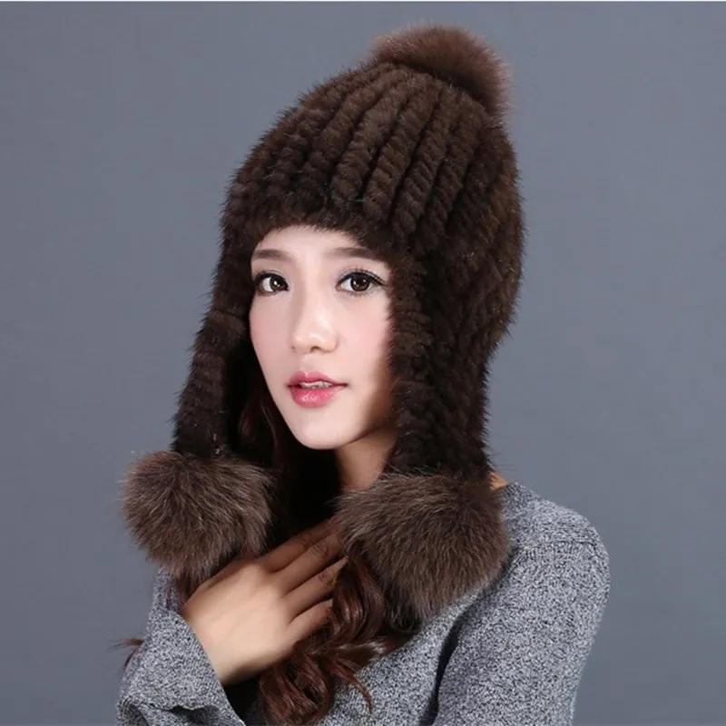 Женские вязаные шапки из меха норки с ушами лисьего роскошные Осенние Теплые в