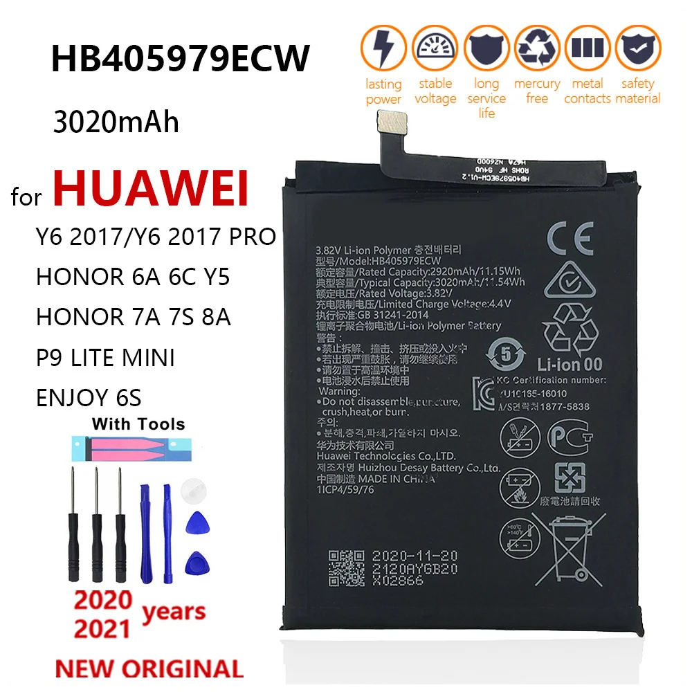 

100% Original 3020mAh HB405979ECW Battery For Huawei P9 Lite Mini Nova Enjoy 6S Honor 6A 6C 7A/7A Pro 7S 8A Y5 Y6/Y6 Pro 2017