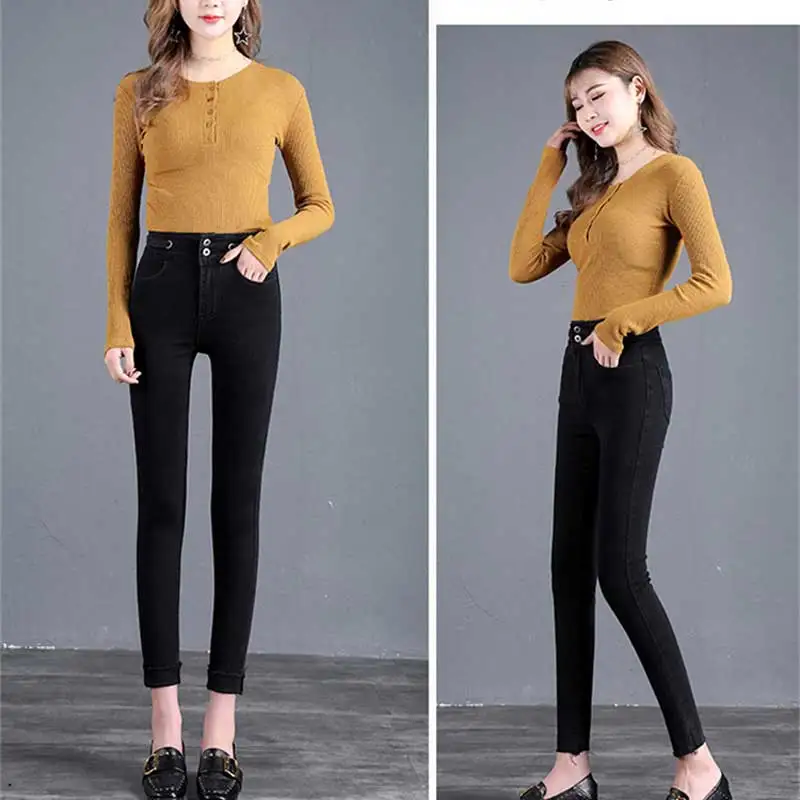 Черные джинсы с высокой талией Новинка осени 2019 женские облегающие двубортные
