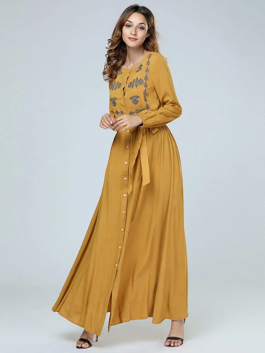 

Muslim Girl Dress Cotton Embroidered Loose Large Dress Size Women's Button Long Sleeve Dress india pakistan clothing abaya dubai