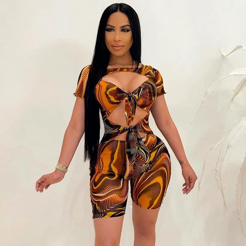 

Sexy Hollow Tie Front Short Jumpsuits for Women Summer Club Outfits Brown Printed Sheer Mesh Rompers Playsuits Dropshipping
