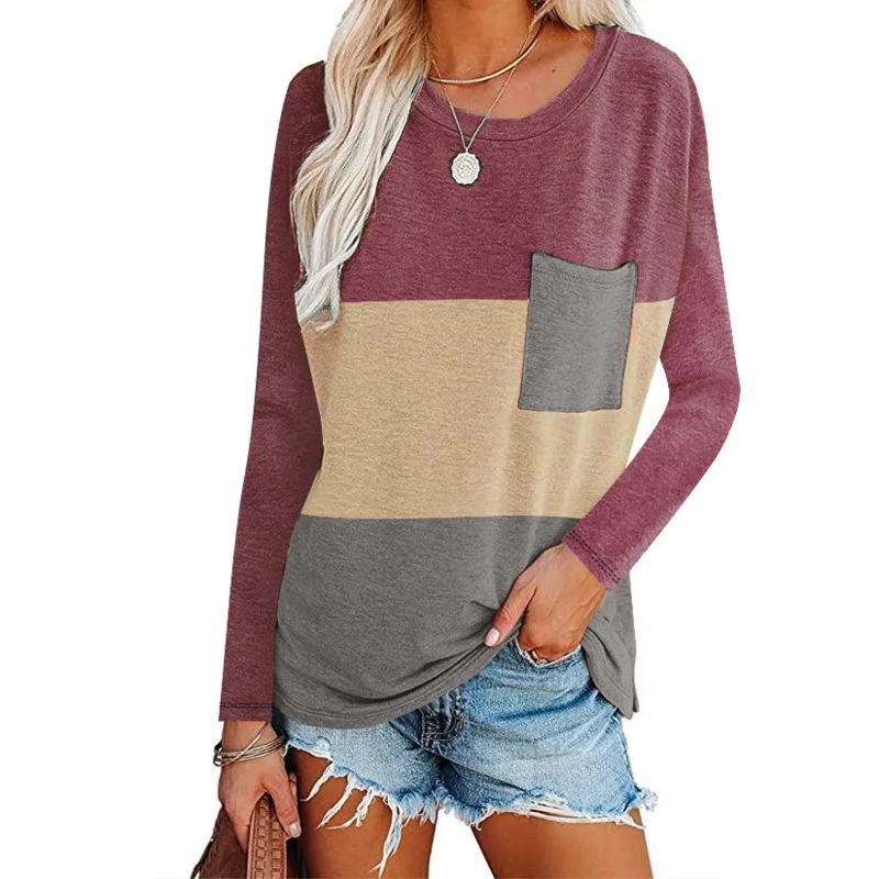 

Long Sleeve Stitching Round Neck Loose Top 2021 Spring And Autumn New Women's T-shirt All-match Casual Wm*