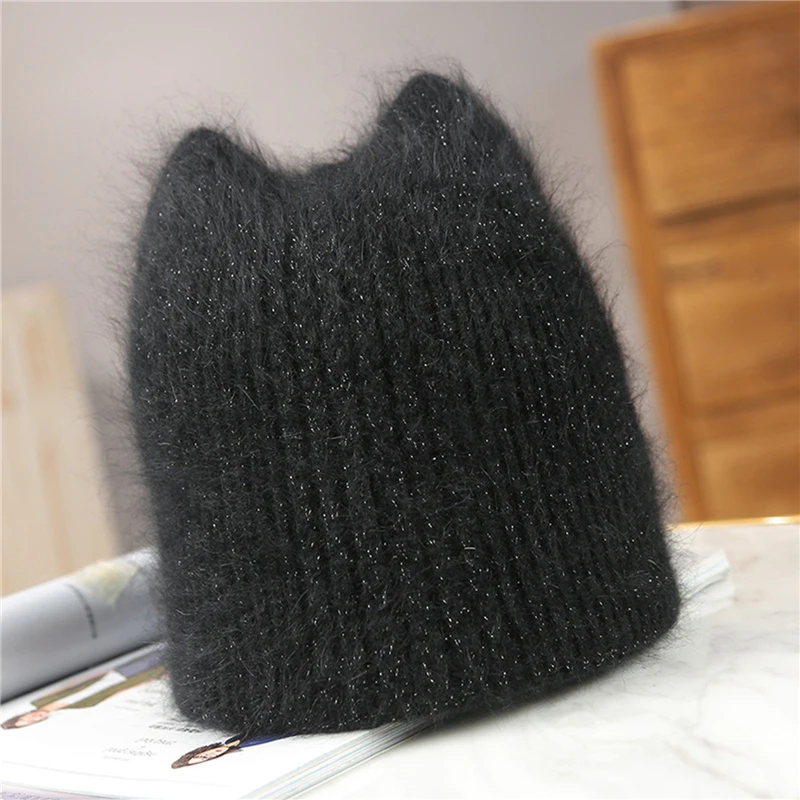 

Fashion Cute Girl Rabbit Fur Ear Beanie Hat For Women Winter Skullies Warm Wool Cap Gorros Female Cap