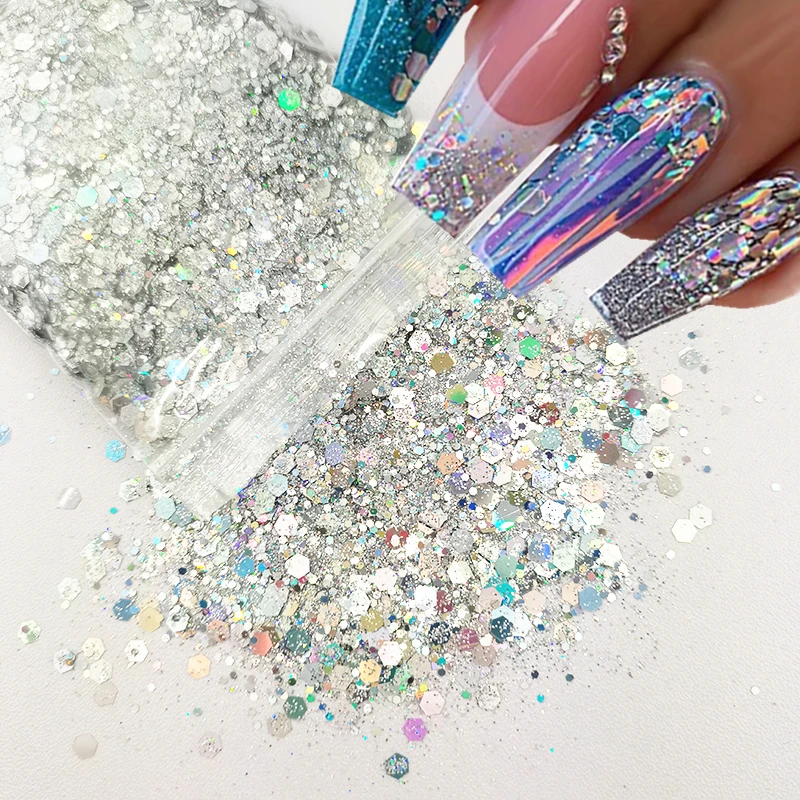 

50G Holographic Mixed Hexagon Shape Chunky Nail Glitter Silver Sequins Laser Sparkly Flakes Slices Manicure Nails Art Decoration