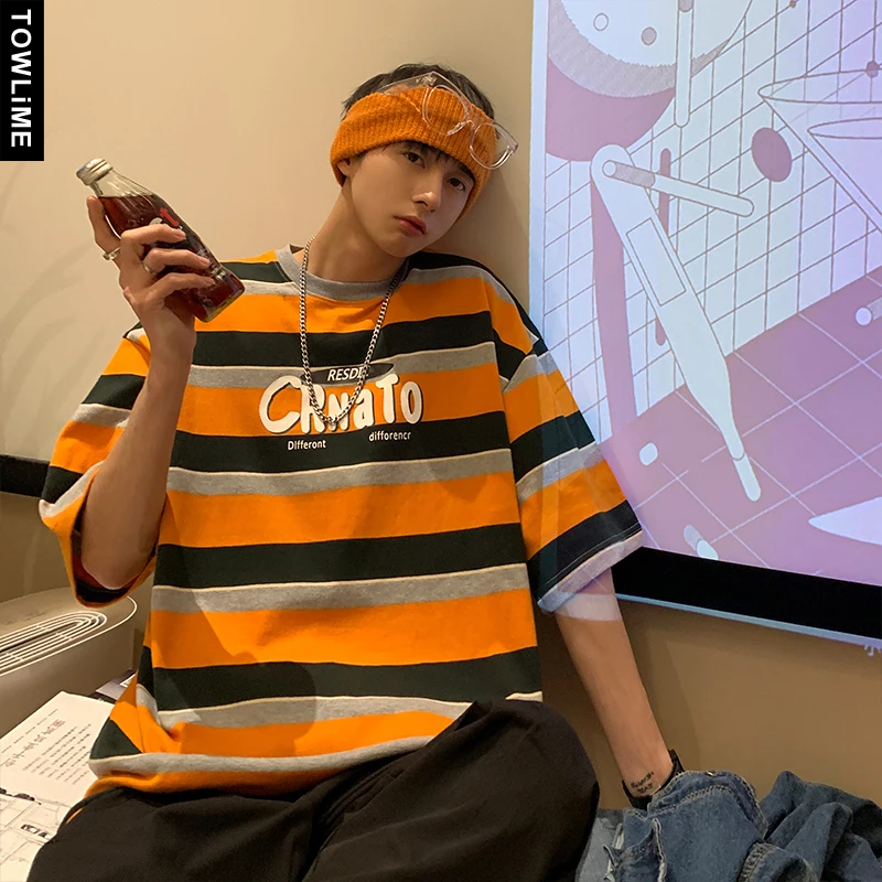 

Fashion New Summer Men Colorful Striped Short Sleeve Cotton T shirts Korean Women Loose Letter Print Pullovers Tees Casual Tops