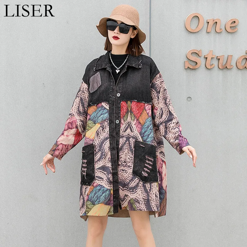 

2022 Spring New Loose Large Size Mid-Length Denim Jacket Women'S Fashion Print Knitted Stitching Distressed Denim Jacket LL793