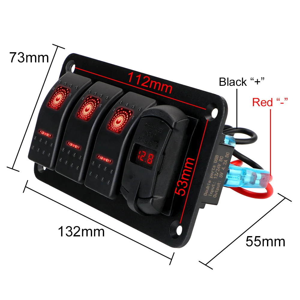 

Digital Voltmeter 4.2A Dual USB Slot Charger Circuit Breaker for Car SUV Truck Marine RV Truck 3 Rocker Gang Switch Panel