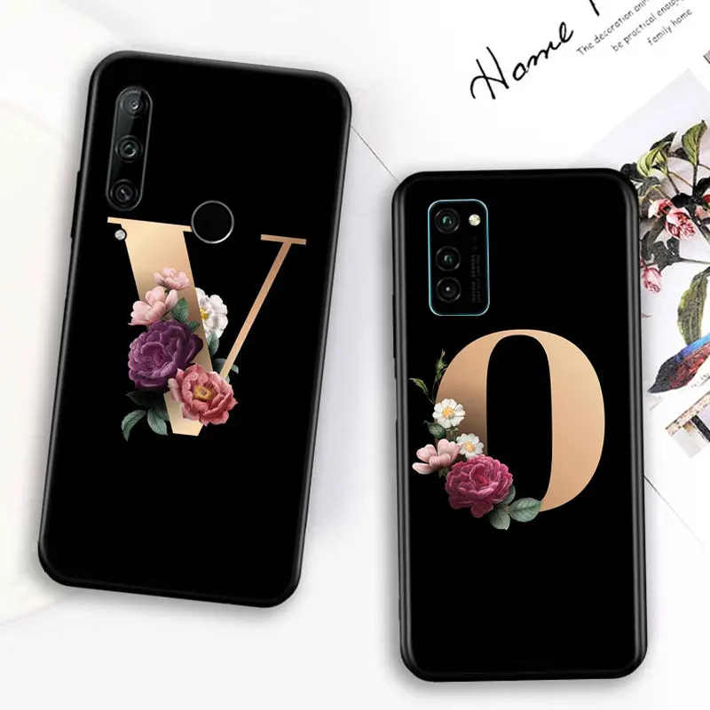 

Silicone Cover Letter Flowers For Huawei Honor 7C 7A 7S 8 8A 8X 8C 8S 2019 2020 9 lite 9X Pro Black Phone Case