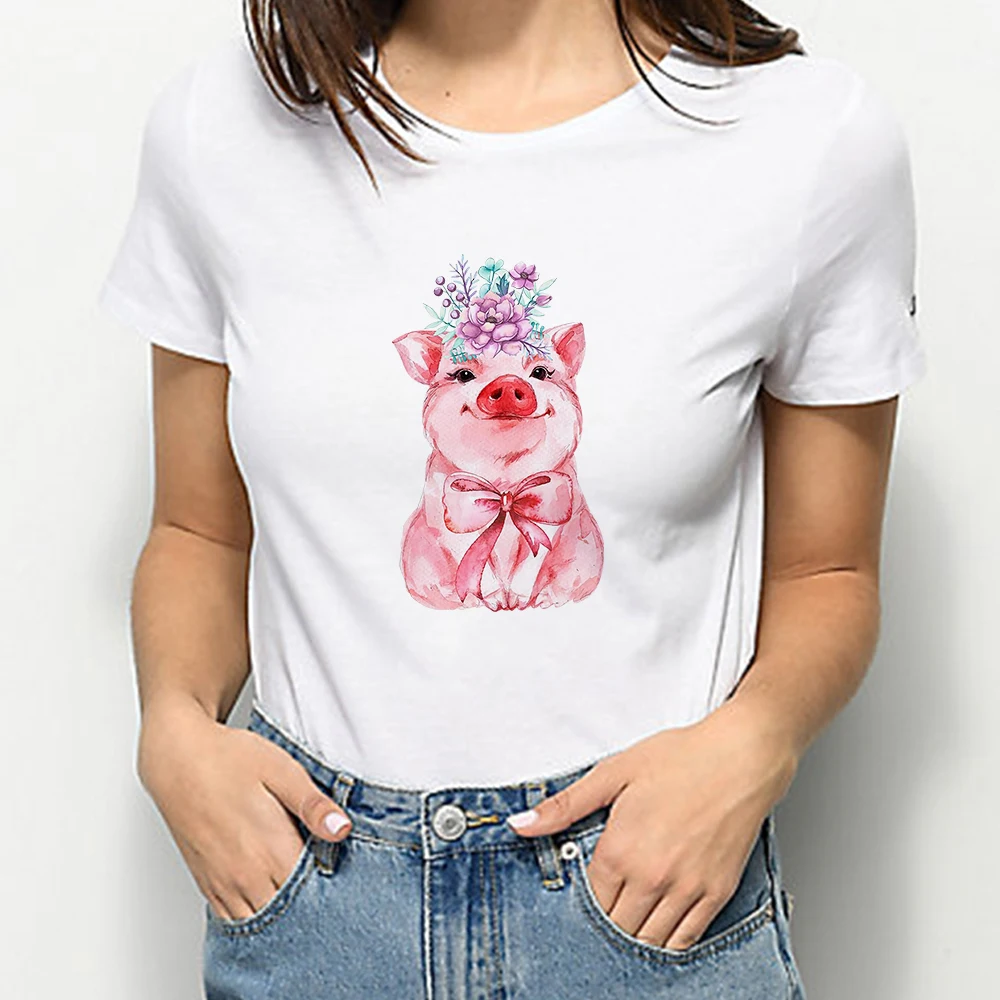 

Cute Pig Oversize Printed Women Tshirt Flower Hot Selling Aesthetic Loose Short Sleeve T Shirt Breathable Casual Clothes