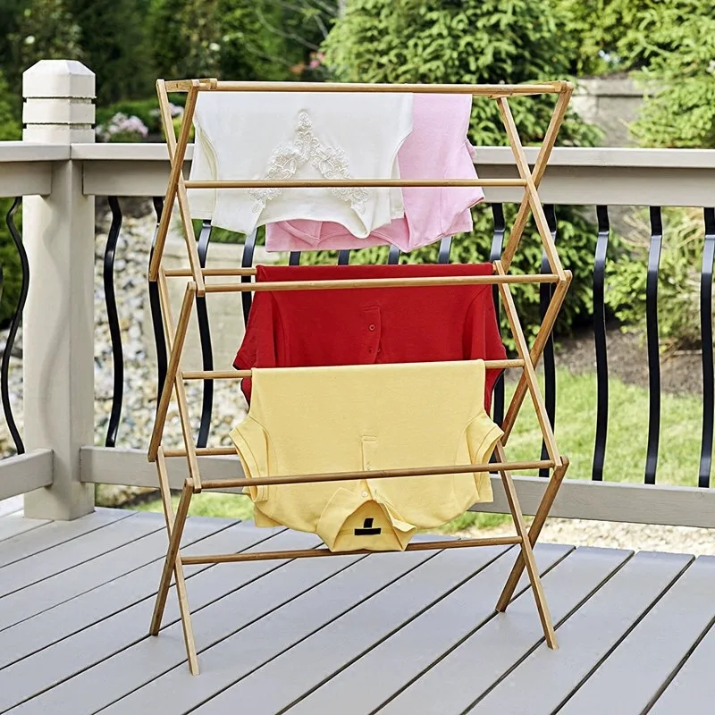 Best Bamboo Floor Clotheshorse Clothes Drying Rack Towels Hanging Rack Folding Laundry Dryer Stand Storage Organizer