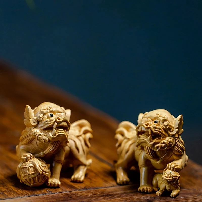 

8cm Lion Gatekeepers Door God Stone Lion Myth Wood Figurines Animal Statue Arts Crafts Solid Lucky Statue Home Decoration