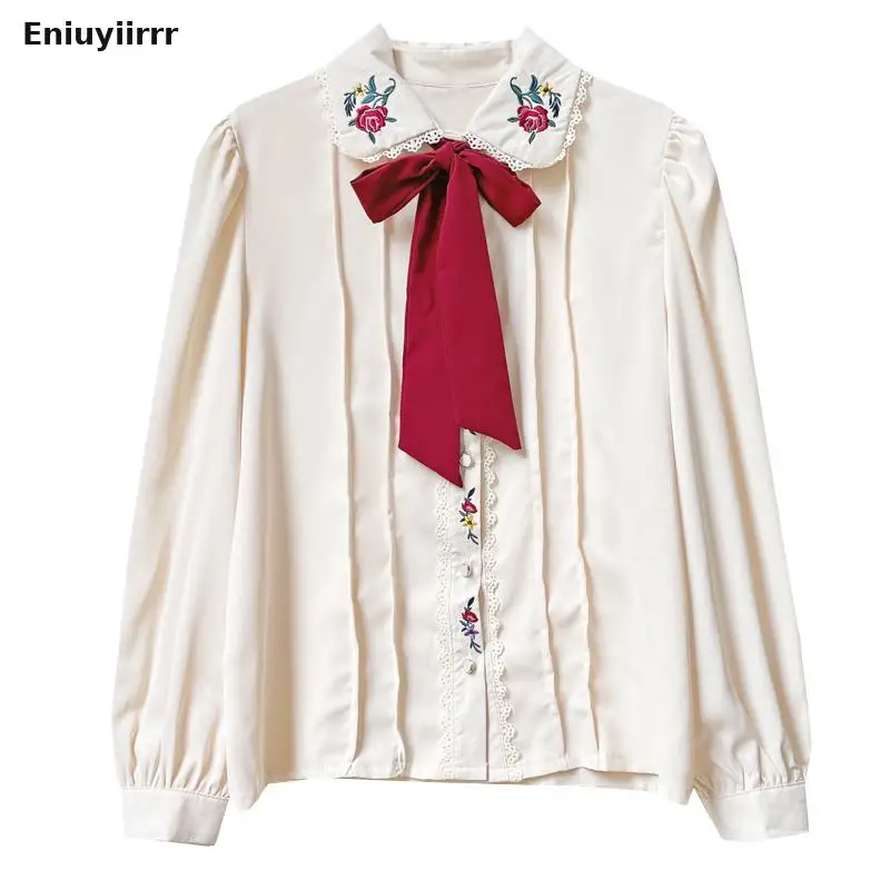 

Женская однобортная рубашка на пуговицах, модная базовая блузка с вышивкой и бантом в японском стиле, осень 2021