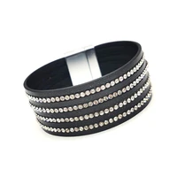 totabc fashion black crystal leather bracelets for women strips boho multilayer wide wrap bracelet jewelry
