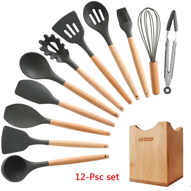 12- kitchen set Набор для кухни, 11/12 предметов. силиконовых кухонный набор, антипригарная, деревянная, ручка, набор кухонных инструментов, набор кухонных принадлежностей, c держателем коробка, для готовки,кухонная утварь - Цвет: 12- kitchen set