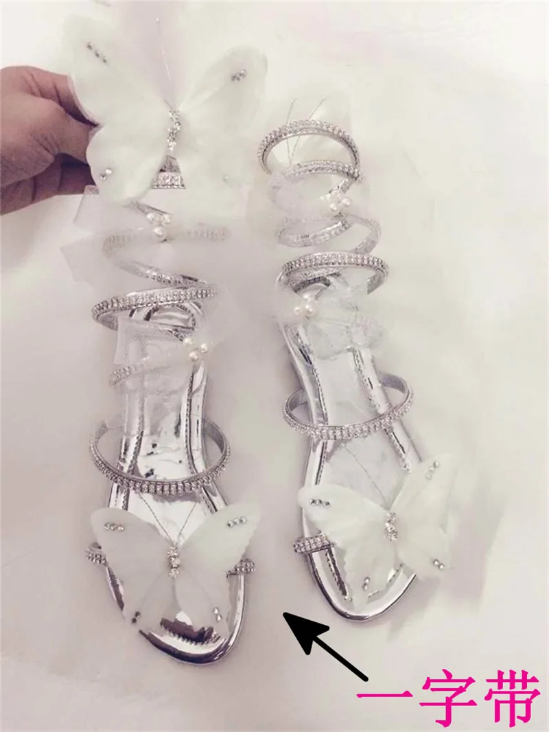 

Snake Winding Strap Sexy Sandals Flat Bottom Clip Toe Princess Fairy Butterfly Rc Diamond Women's Shoes women summer boots
