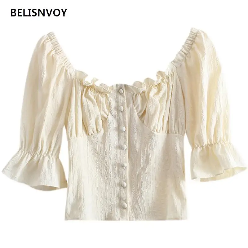 

Summer New Slim Vintage Chic Square Collar Ruffles Puff Sleeve Casual Cropped Tops Blouses Female Shirts Blusas Chic Tops