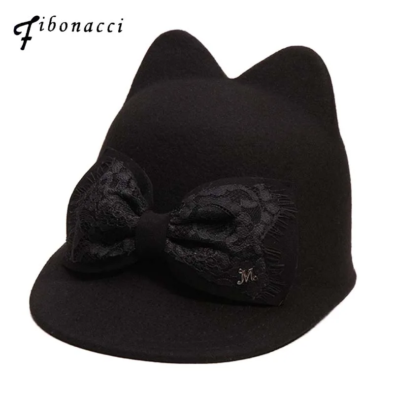 

Fibonacci 2019 новые фетровые шляпы с кошачьими ушками шерстяная фетровая шляпа кружевное украшение с бантом модная женская Федора рыцарская шля...