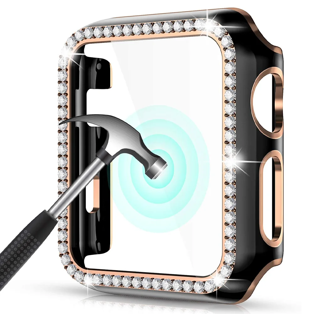 

Bling Glass+Cover For Apple Watch case 40mm 44mm 42mm 38mm iWatch Diamond bumper+Screen Protector Apple watch series 6 5 4 SE 3