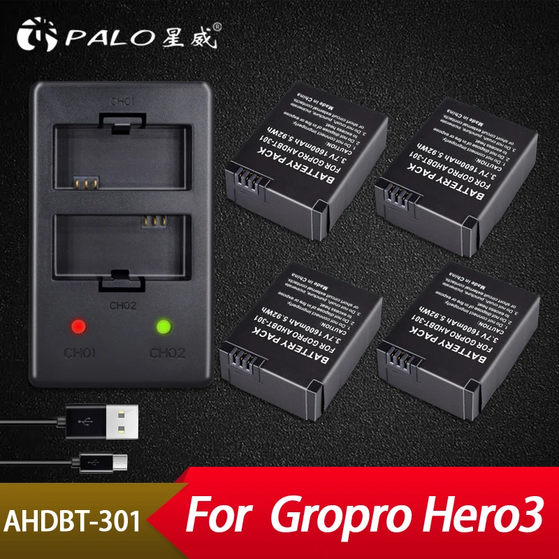 4 шт. аккумулятора для камеры Palo 3 7 в + двойное зарядное устройство USB Gopro Hero 3/3