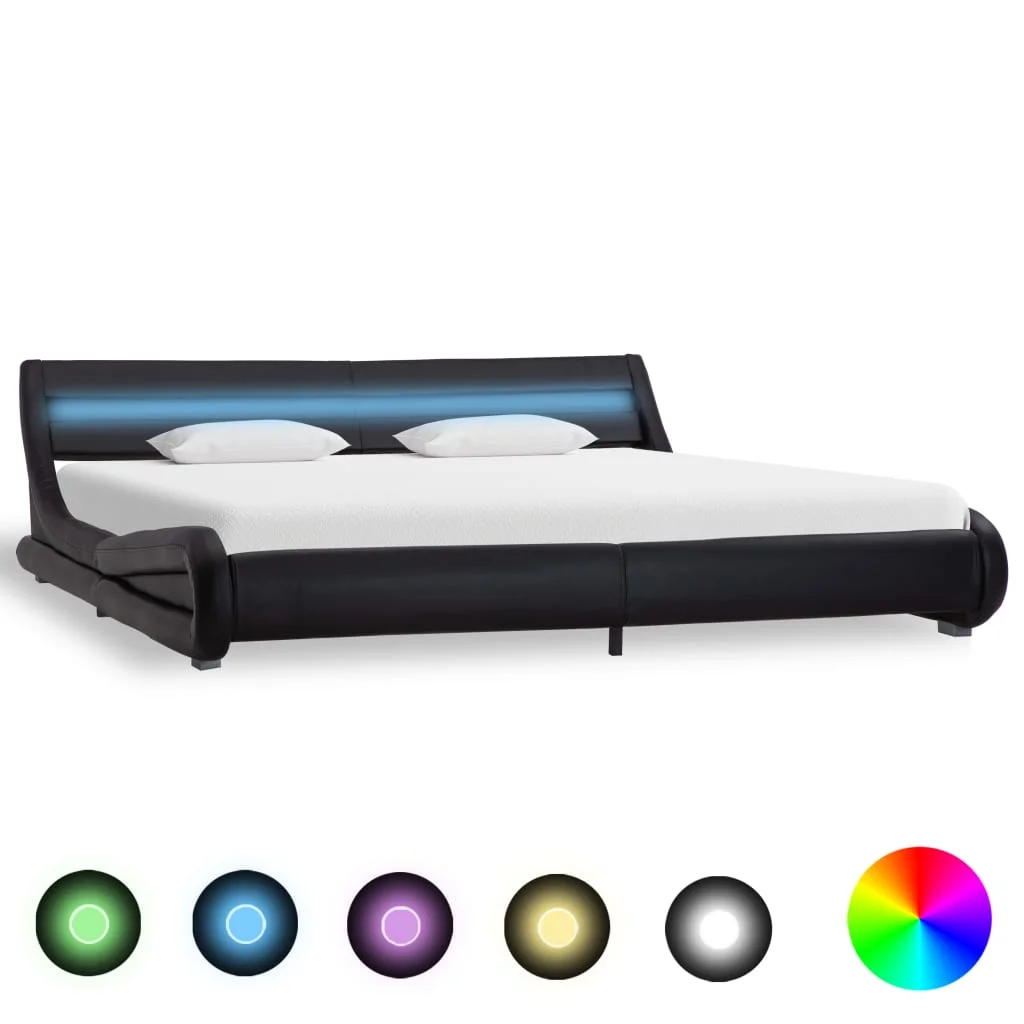 

King Bed Frame with Led Remote Control Black Synthetic Leather 180X200 CM Nordic Double Bed Base Led Headboard Adult Bed