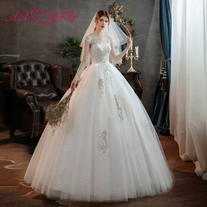 

AXJFU princess flower lace white wedding dress vintage v neck beading crystal short sleeve illusion sparkly white wedding dress