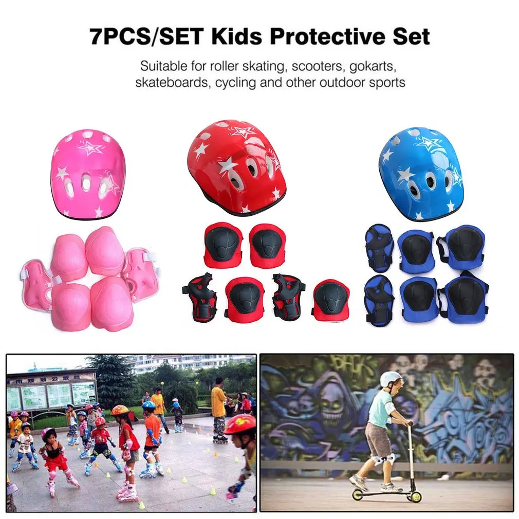 

7Pcs/set Kids Cycling Protective Gear Bike Helmet Knee Wrist Elbow Guard Roller High-density Padding Comfort Good Ventilation