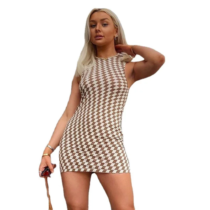 

Commuter Stitching Plaid Dress Female Dress for New Year 2022 Summer New Fashion Casual Printing Sexy Bag Hip Sleeveless Dress