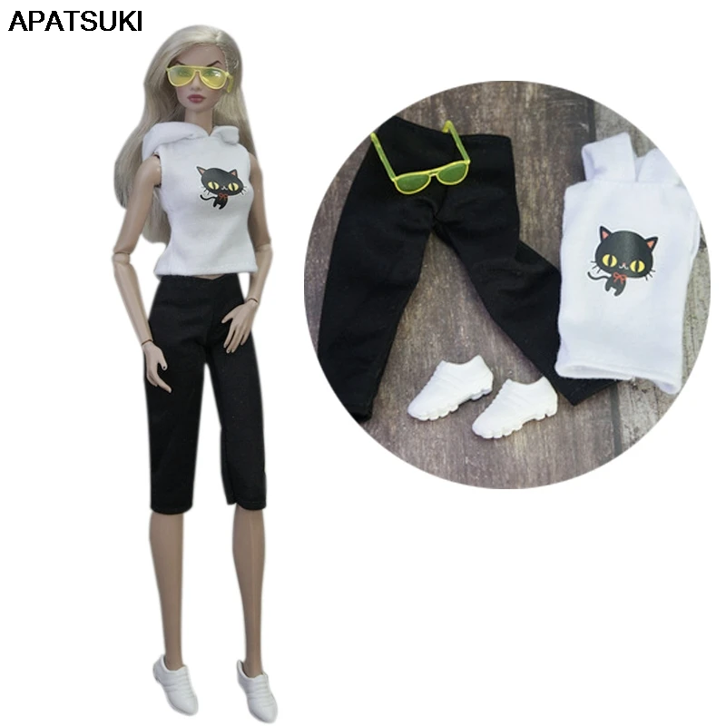 

Black Cat Outfits For Barbie Doll Clothes Set For Barbie Hoodie Top Crop Pants Shoes Glasses Toys 1/6 Dolls Accessories