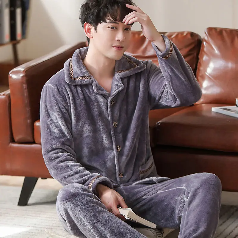man pajama set Теплая Пижама Мужская Фланелевая Зимняя Толстая Пижама Мужская Толстая пижама с длинным рукавом Повседневная Осенняя Пижама для мужчин коралловый флис для сна XXXL - Цвет: man pajama set
