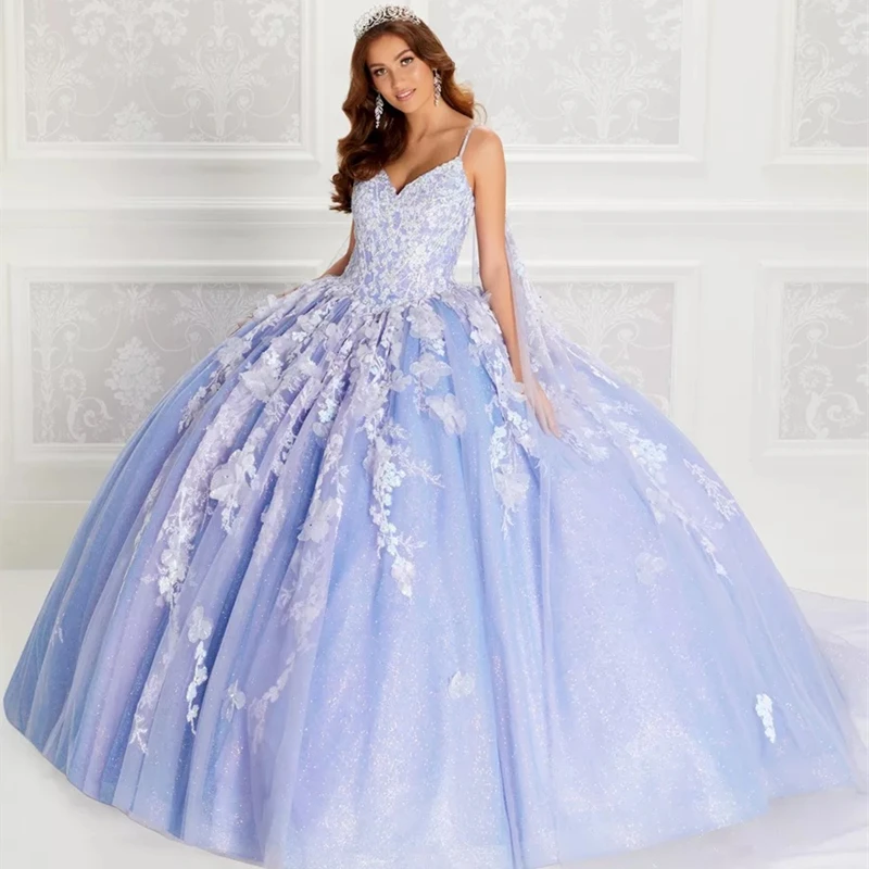 

Sparkly Quinceanera Dresses With Cape 2021 Spaghetti Straps Sweet 15 Princess Party Ball Gown Lace Appliques Beads 3D Flowers