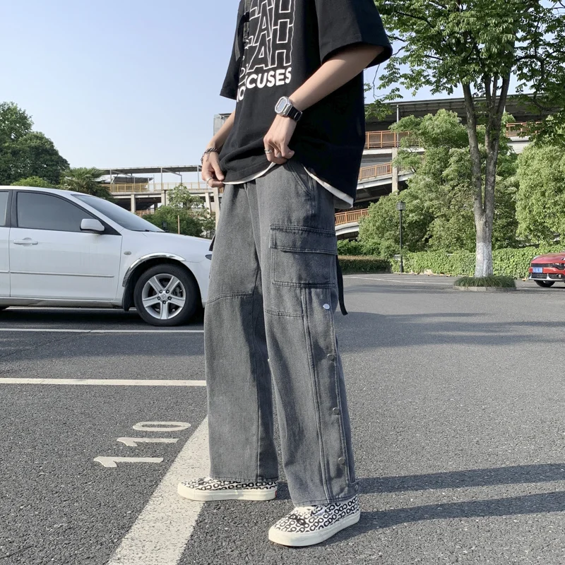 

Button Pocket Jeans Men's Fashion Retro Baggy Wide-leg Jeans Men Streetwear Loose Hip-hop Straight Denim Trousers Mens S-3XL