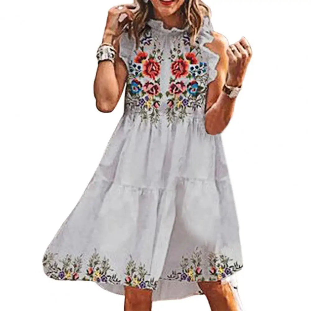 

Fashion Dress Floral Print Loose Women Sleeveless Ruffle Knee-length Streetwear for Party Black S—3XL Women's Clothing Summer
