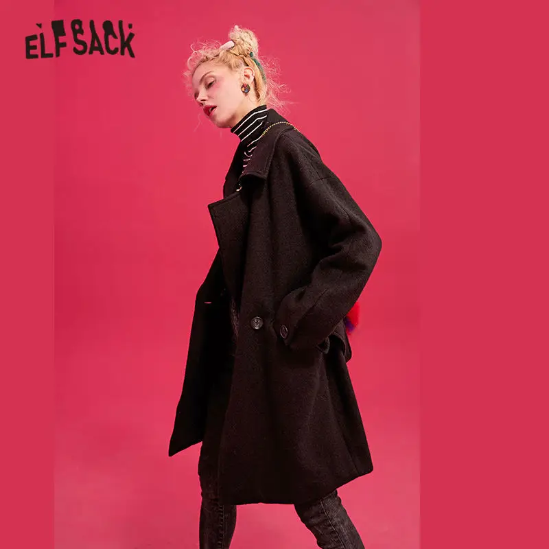 Женское прямое шерстяное пальто ELFSACK черное однотонное двубортное с поясом и