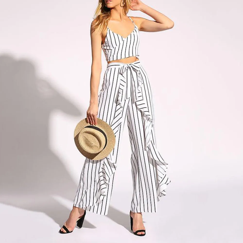 2020 Women's Two Piece Set Summer Stripe Sleeveless Vest Shirt Crop Top Tank Fashion 2PCS Clothes Wide Leg Pant | Женская одежда