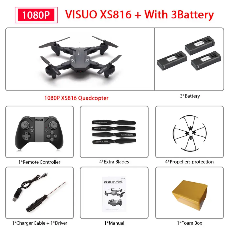 1080P 3B Foam Box Визуализации XS816 беспилотный летательный аппарат для контроля уровня сахара в крови с 50 раз зум Wi-Fi FPV 1080P или 4K двойной Камера оптического потока Квадрокоптер складной селфи Дрон VS SG106 - Цвет: 1080P 3B Foam Box