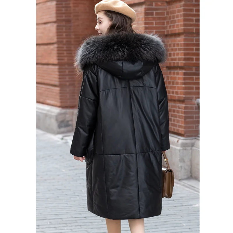 Leather Down Jacket Parka Women's Winter Hooded Raccoon Fur Sheepskin Loose Oversize Coat Female Casual Large Size Coats