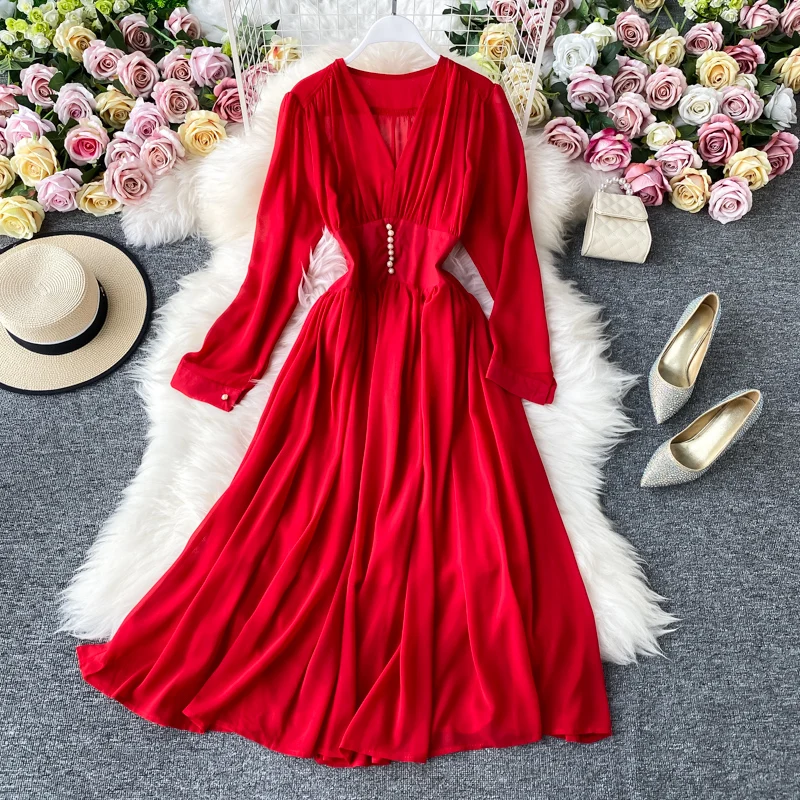 

JCHB 2021 Sexy Black Dress Woman Chiffon Dress Female Midi Vintage Dresses for Women V-neck Spring Autumn vestido De Mujer Pph31