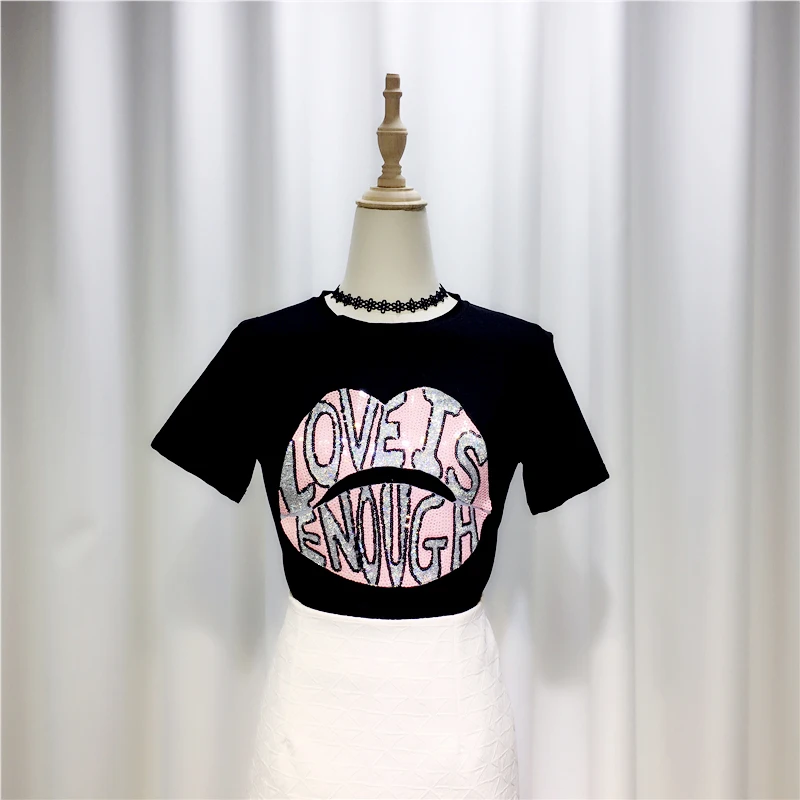 

Korea-style Casual Bling Bling Sequins Lips Alphabet Short-Sleeve T-shirt Women Girls New 2020 Summer All-match Students Tees