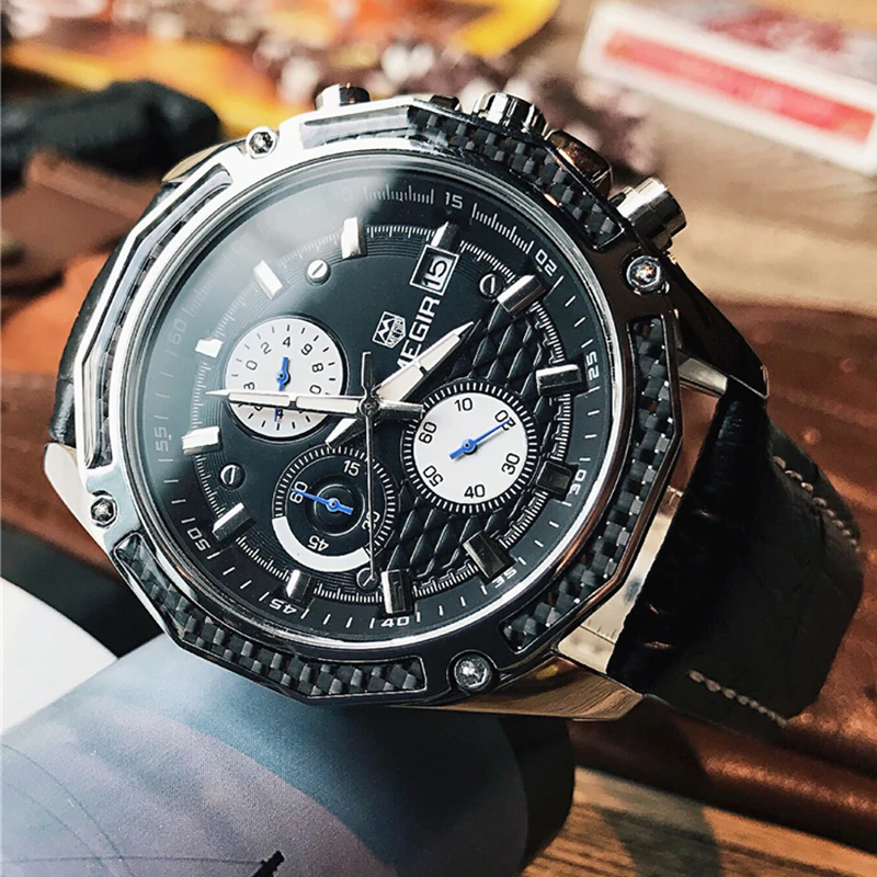 Мужские кожаные часы MEGIR автоматические Кварцевые водонепроницаемые с датой