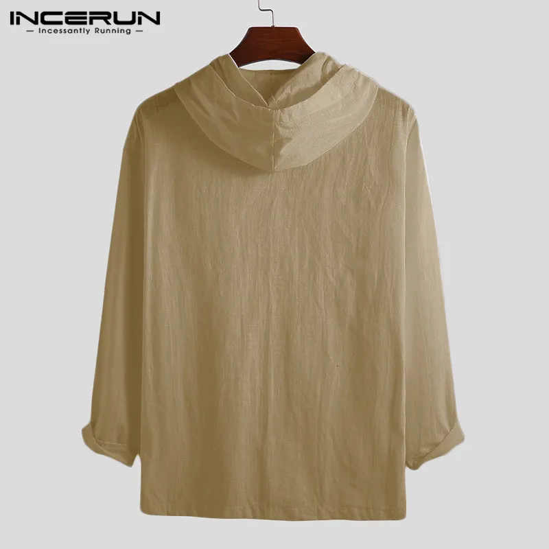 

INCERUN Vintage Men Hooded T Shirts Cotton Pockets Casual Button Long Sleeve Tee Tops Streetwear 2021 Loose Outerwear Men S-5XL