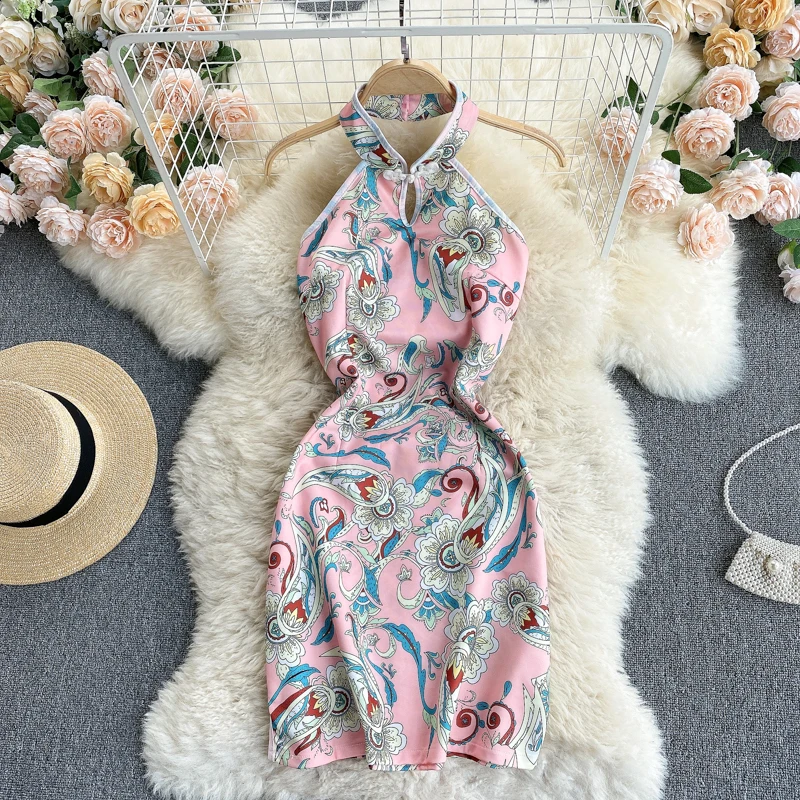 

Для женщин улучшилось Cheongsam Новая мода с лямкой на шее со стоячим воротником, тонкое, без рукавов, с принтом, летние, стильные мини обтягивающ...