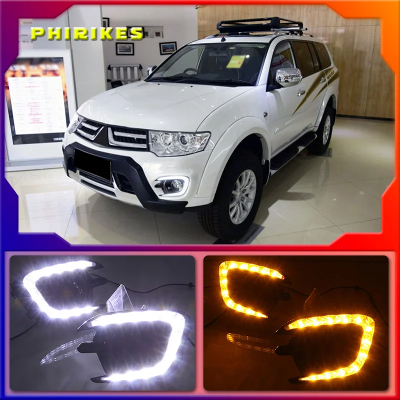 1 Set Gloss Style 12V Car DRL Daytime Running Lights With Turn Signal Yellow For Mitsubishi Pajero Sport 2013 2014 2015