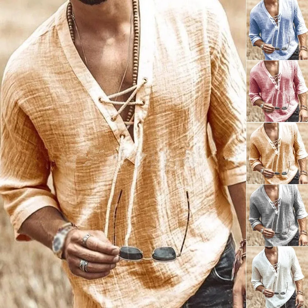 

Fashion Men Casual Retro V-Neck Mid-Sleeve Shirt Casual Loose Tee T-Shirt Blouse Tops Men Loose Pullover 2021 Summer Hot New