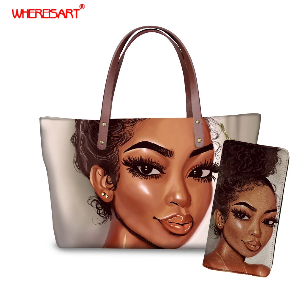 

WHEREISART Black Art Afro Prints African Girls Large Women Messenger Bag With Purse Phone Coin Bags Ladies African Handbags