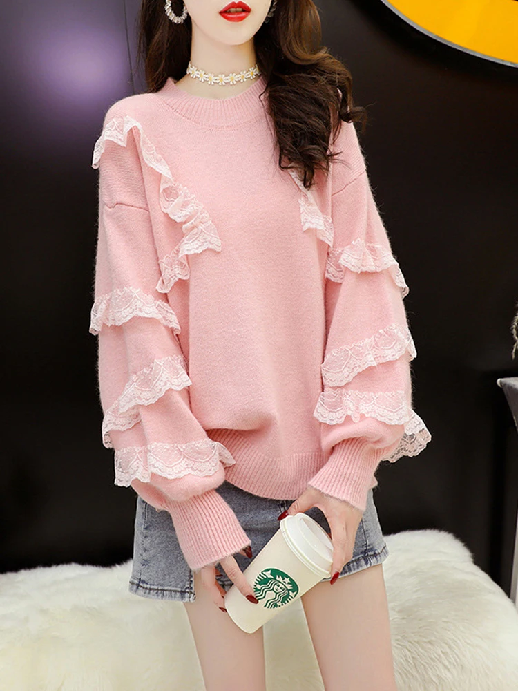 

Женский вязаный свитер TIGENA, розовый однотонный пуловер оверсайз с кружевами, в стиле пэчворк, Осень-зима 2021