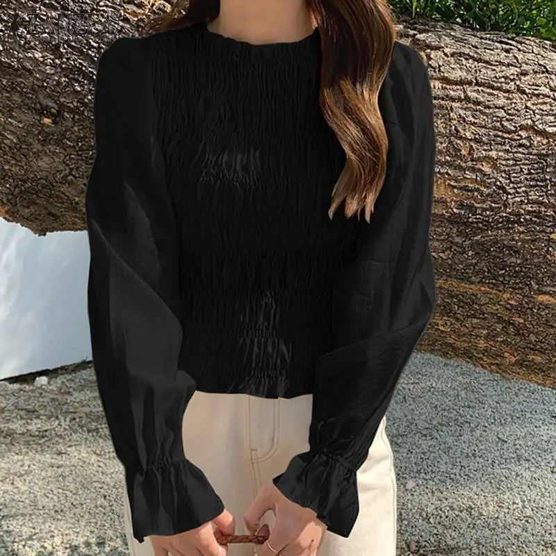 

Styslih Women Pleated Blouse Autumn Tops ZANZEA Elegant Office Work Shirt Female Solid Long Sleeve Blusas Femininas Tunic Chic