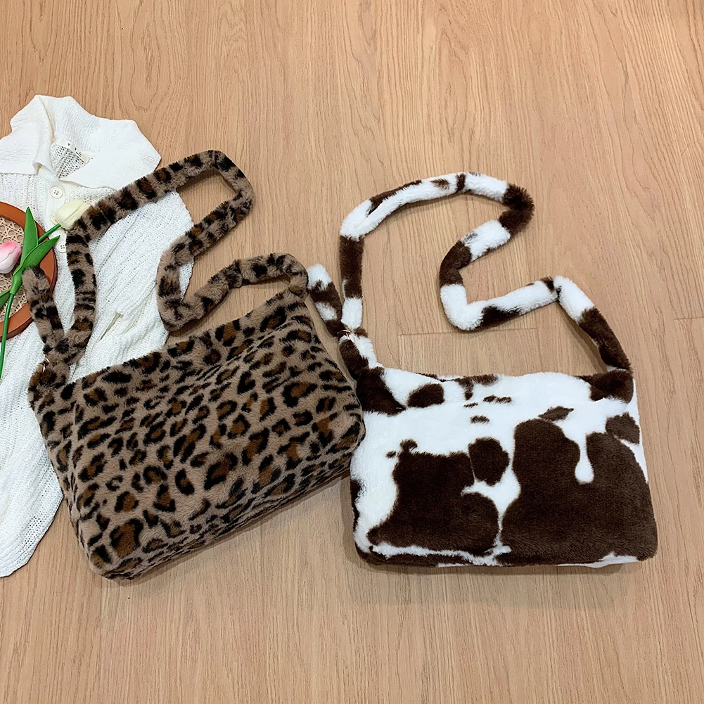 

Retro Women Shoulder Bags Casual Plush Zebra Leopard Printing Handbag Winter Fluffy Messenger Bags Shopping Tote